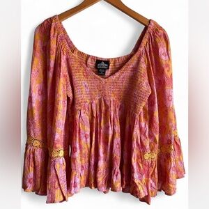 Angie Pink Smocked Long Sleeve Blouse